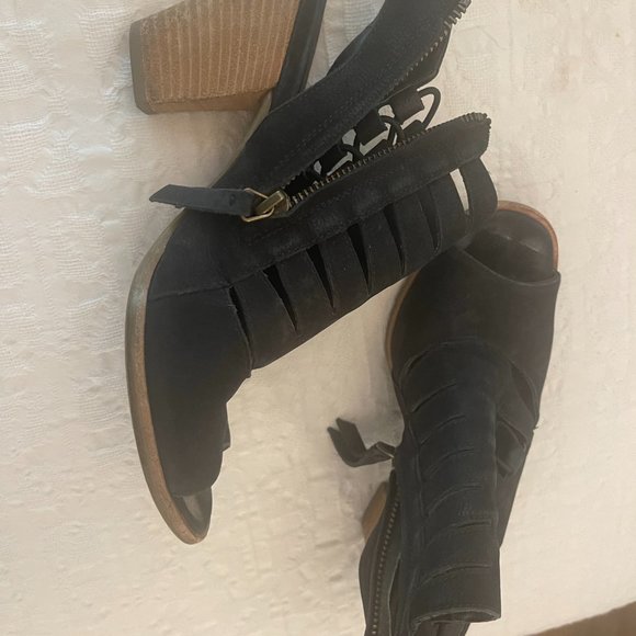 Paul Green Women's 7.5 Black Leather Cage Block Heel Peep Toe Booties - Picture 4 of 4